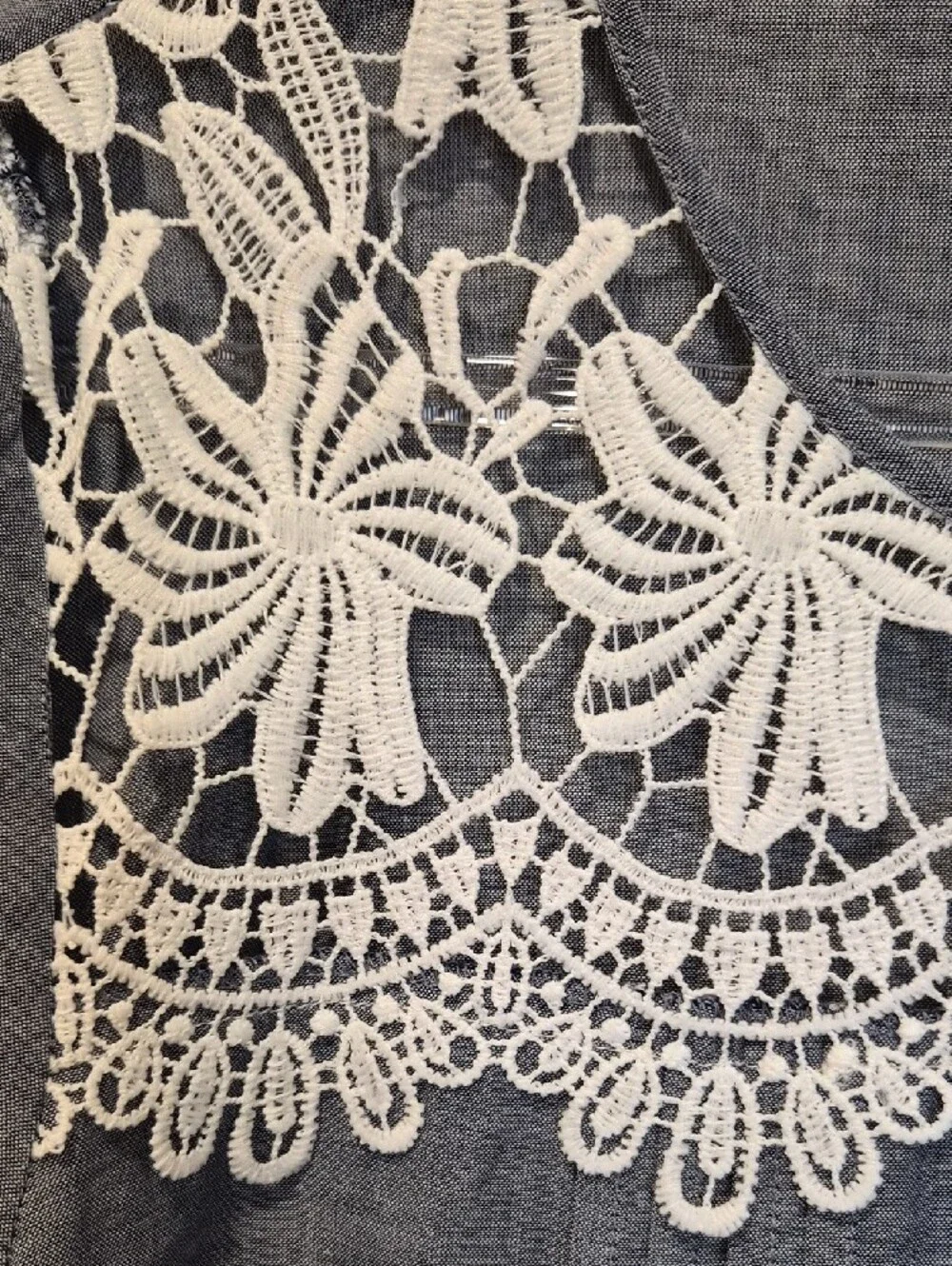 Karl Lagerfeld Cotton Blue Chambray Lace-Yoke Short Sleeve Blouse